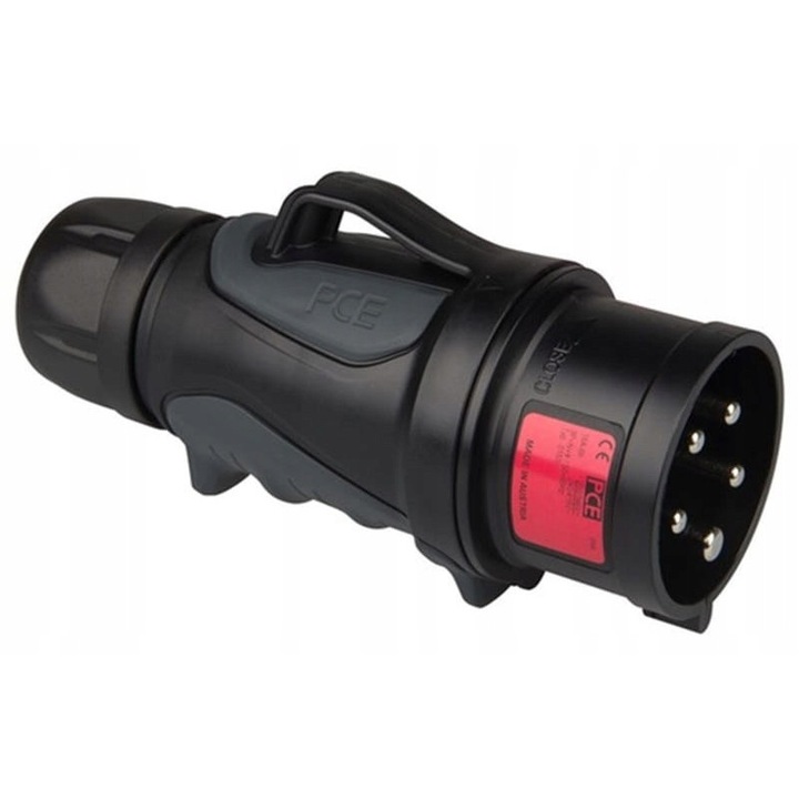 Priza portabilă PCE Grip 5 pini 16A 400V IP44/54, neagră, montaj pe cablu