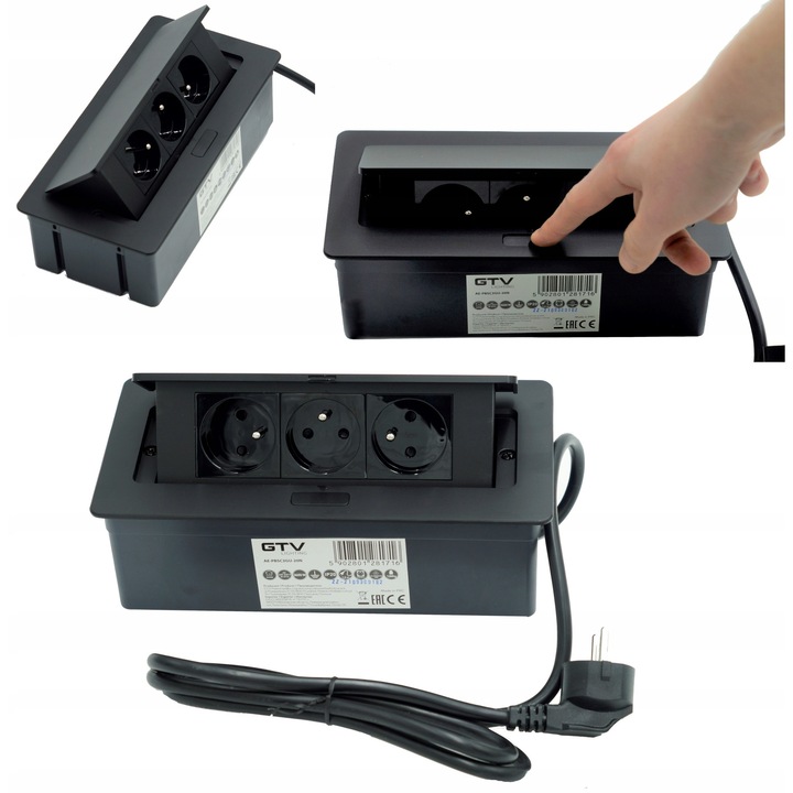 Priza incastrata GTV, 3 prize, PUSH TO OPEN, Negru, 240x120x73mm