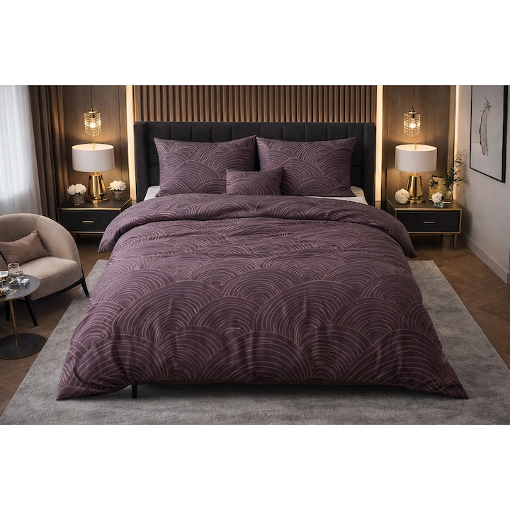 Set lenjerie de pat, Sleeptime, 3 piese, husa pilota 200x200/220cm, 2 fete perna 60x70cm, model Pure Dreamscape Purple, culoare Mov
