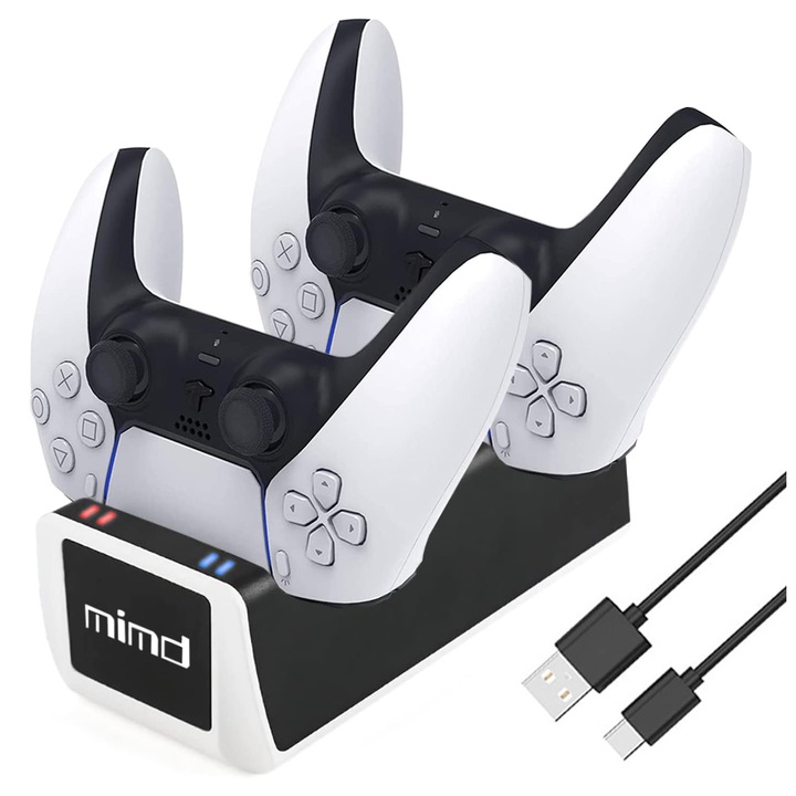 Statie incarcare dual pentru controller PS 5, LED indicator, alb-negru, HAPPY JOKER®