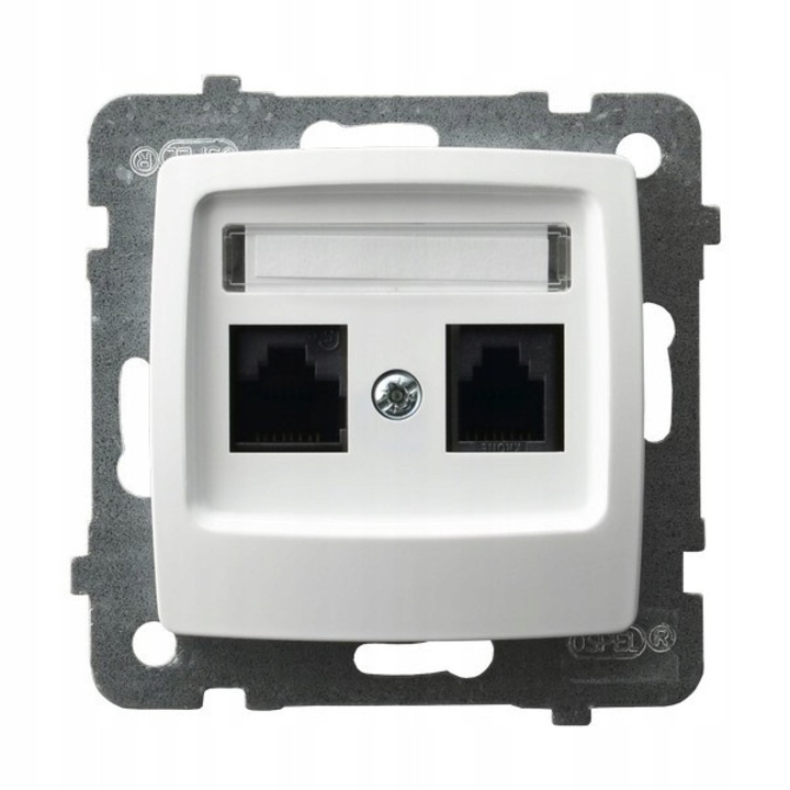 Priză dublă albă Ospel Karo GPK-2S, 2 gniazdo, categorie 5e MMC, montare aparentă
