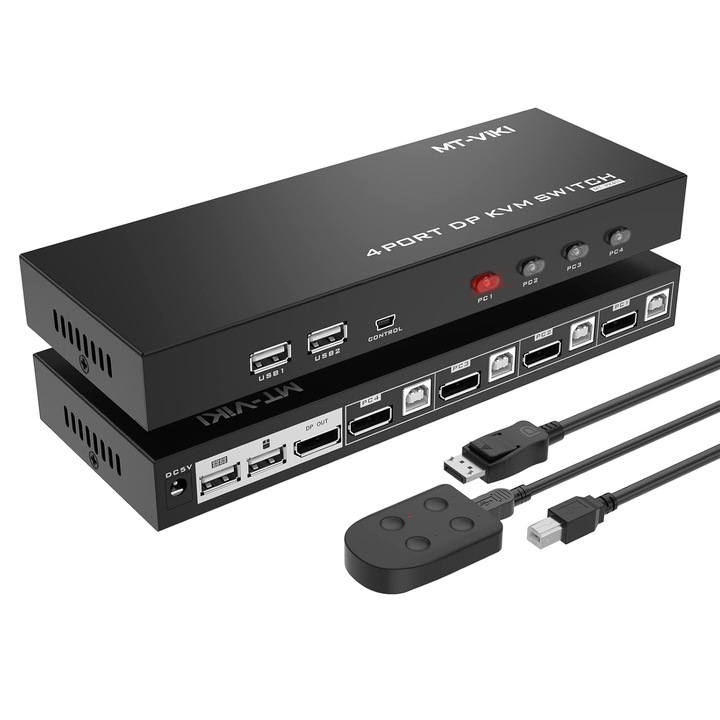 KVM Kapcsoló 4 portos DisplayPort 4K 60Hz, 4x USB, automata kapcsolás, 21,6 Gb/s
