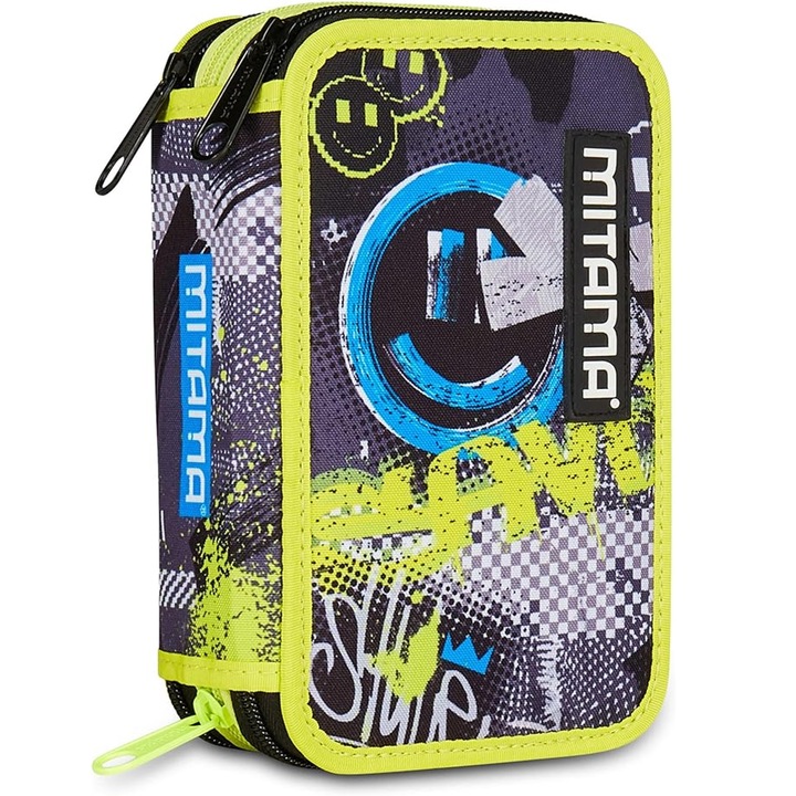 Mitama felszerelt tolltartó, 3 rekeszes, 47 darabos, Graffiti design, sárga/fekete, 14.5 x 7.4 x 20 cm