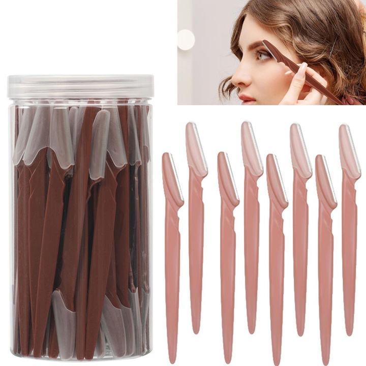 Set 40 lame trimmer pentru fata, BOMSTOM, pentru modelare si stilizare sprancene, epilare si indepartare puf fin, dermaplaning si exfoliere faciala, Maro