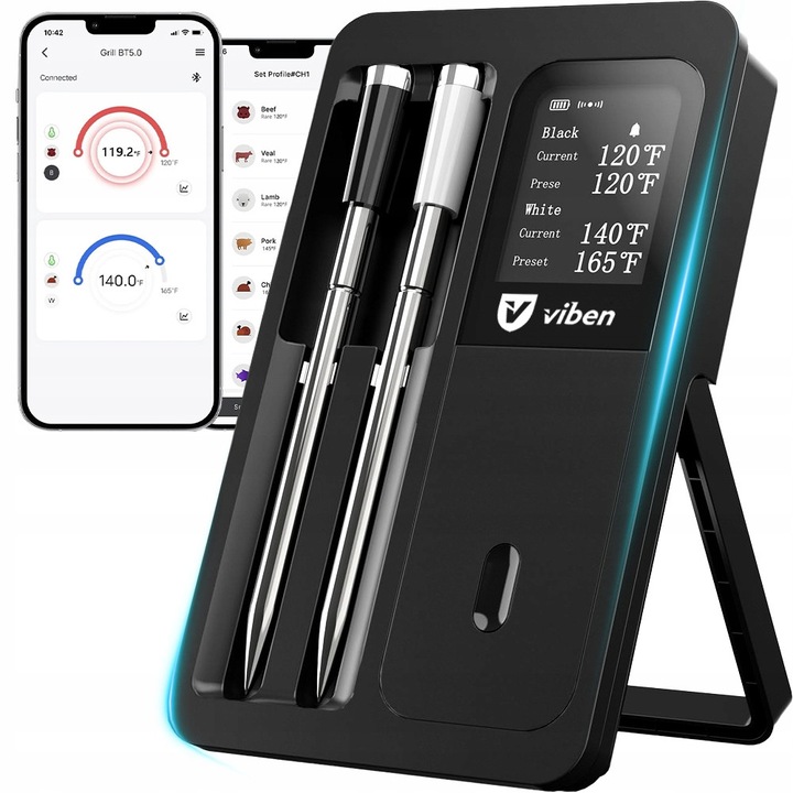 Термометър за готвене Viben, безжичен, 2 сонди, водоустойчив, 0-100°C, Bluetooth