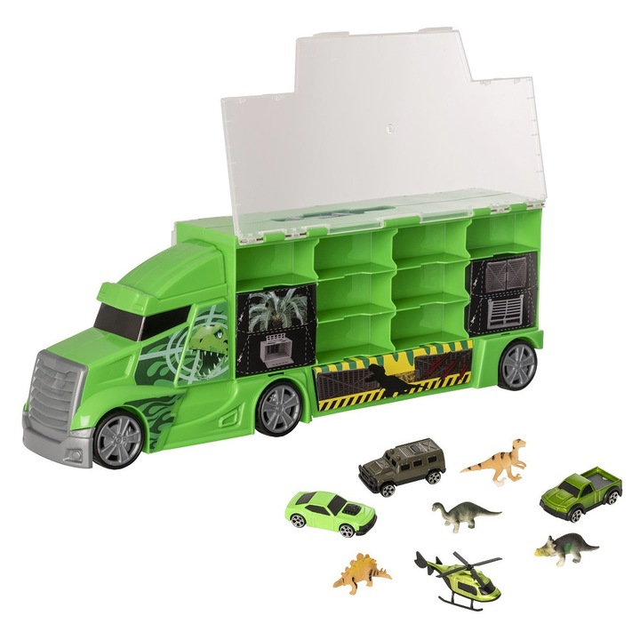 Camion cu dinozauri, Teamsterz, set cu 4 vehicule, 4 dinozauri, 28 locuri, multicolor