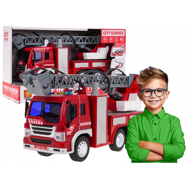 Masina de pompieri interactiva Ramiz, 1:16, anvelope de cauciuc, 29x47cm