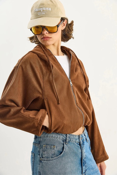 Geaca dama, Bianco Lucci, cu gluga, fermoar, maro, textil