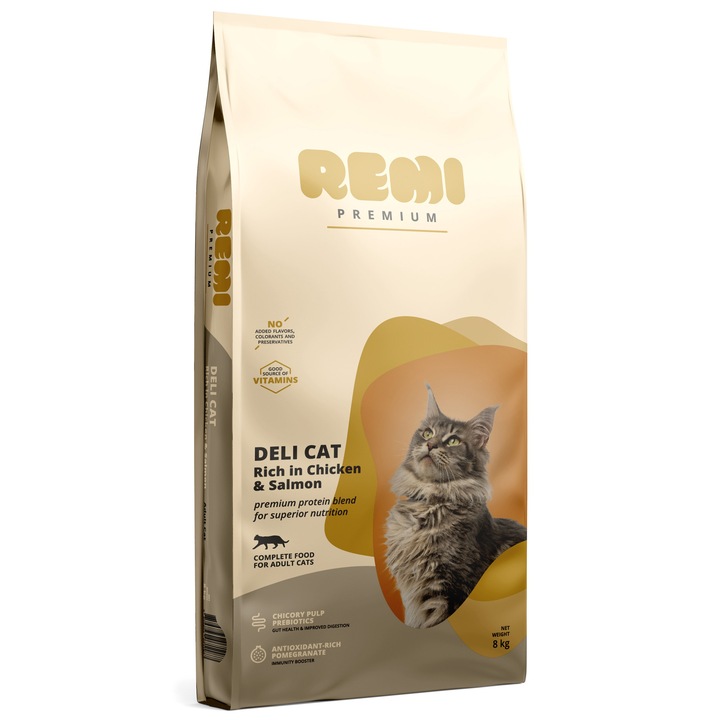 Hrana uscata pentru pisici Remi Premium, Deli Cat, pui si somon, 8kg