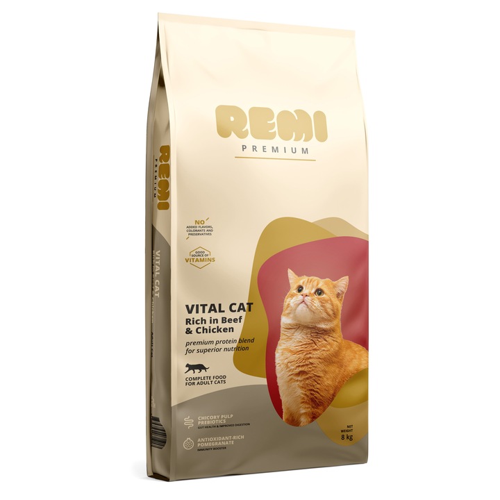 Hrana uscata pentru pisici Remi Premium, Vital Cat, Vita si pui, 8kg