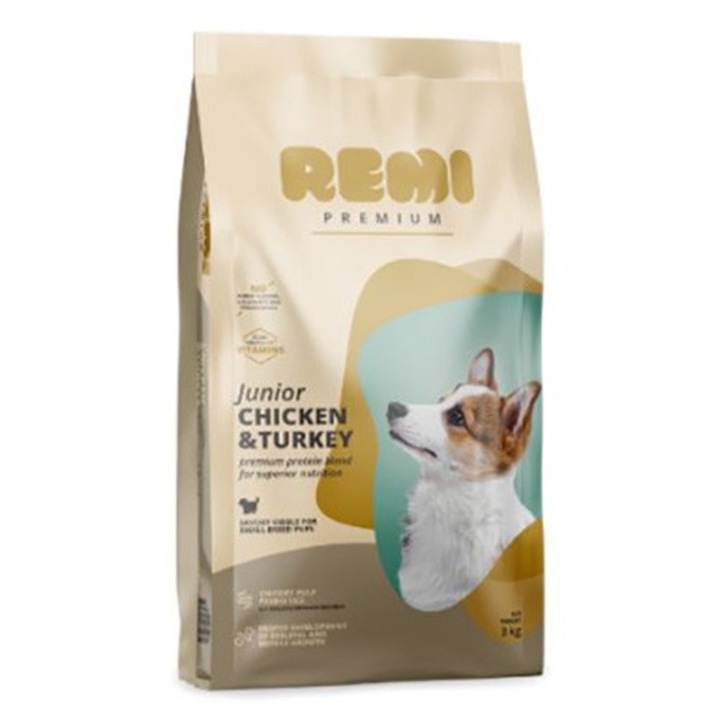 Суха храна за кучета Remi Premium, Junior Small, Пилешко и пуешко, 3кг