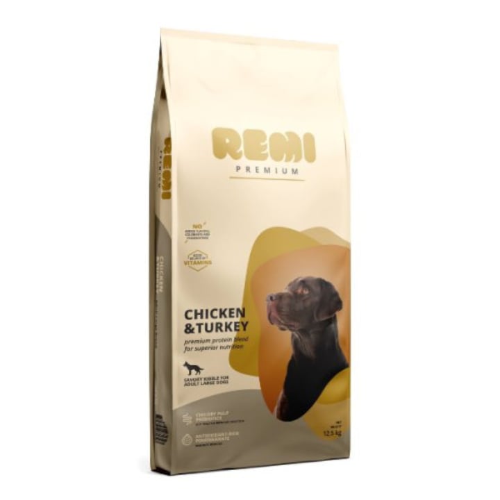 Hrana uscata pentru caini Remi Premium, Large, Pui si curcan, 12.5kg