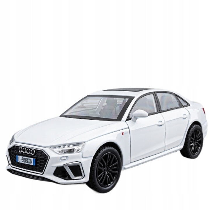 Fém játékautó Audi A4, Pan i Pani Gadżet, 1:32, fény- és hangfunkciók, fehér, 15.7x6.7x5 cm