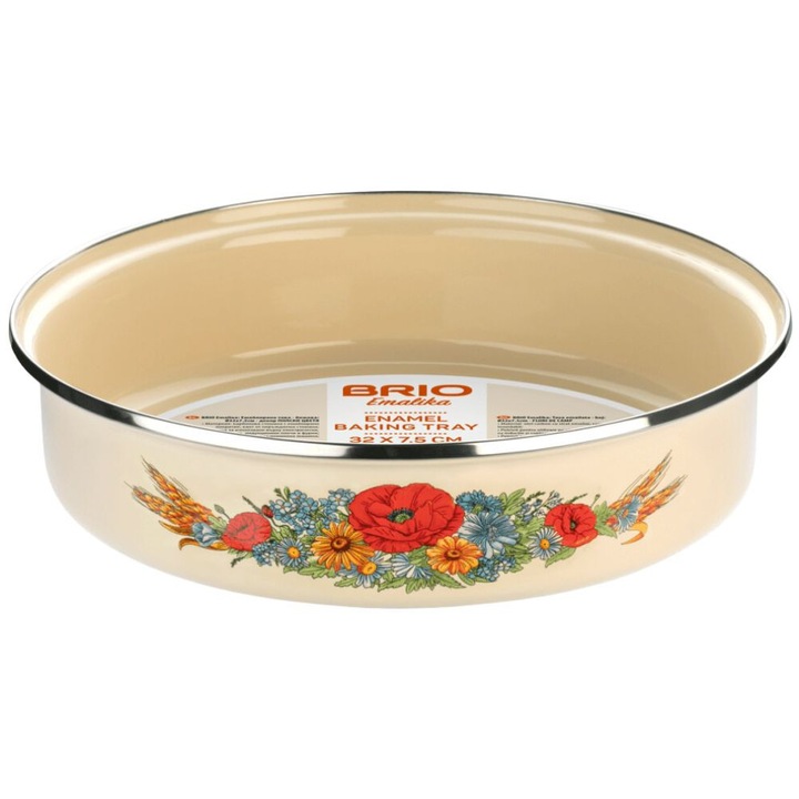 Tava rotundă Brio emailată cu decor flori, 36x8cm