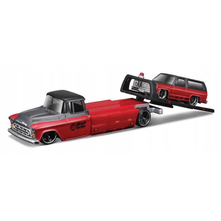Set 2 Mașini Metalice Maisto 1:64, Chevrolet K5 Blazer și Lawetă, roșu, dimensiuni 13x7.5cm