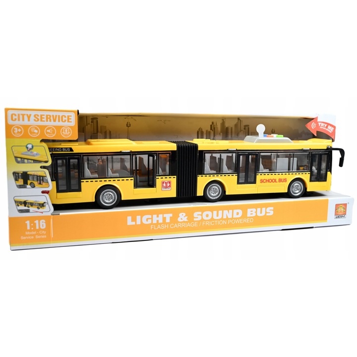 Midex sárga csuklós busz, fényekkel és hangokkal, 43 cm, játékszett