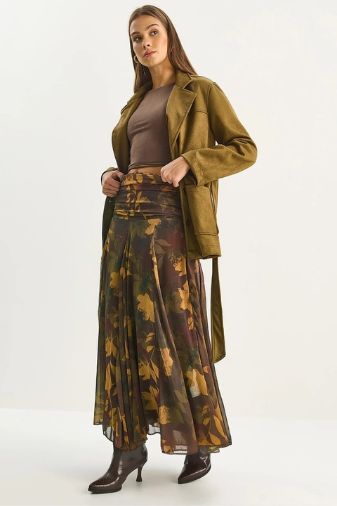 Fusta midi, HiCCUP, talie inalta, imprimeu etnic, multicolor, textil