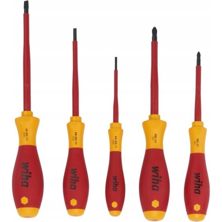 Комплект 5 изолирани VDE отвертки Wiha, плоски и Phillips накрайници, стомана, ергономични дръжки