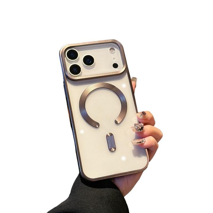 Husa telefon iPhone 16, magnetica, transparenta, protectie la cadere, culoare maro deschis, dimensiuni precise