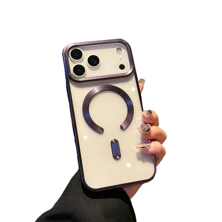 Husa telefon Apple iPhone 16 Pro, magnetic, transparent, violet, material acrilic/silicon/PC, protectie la cadere