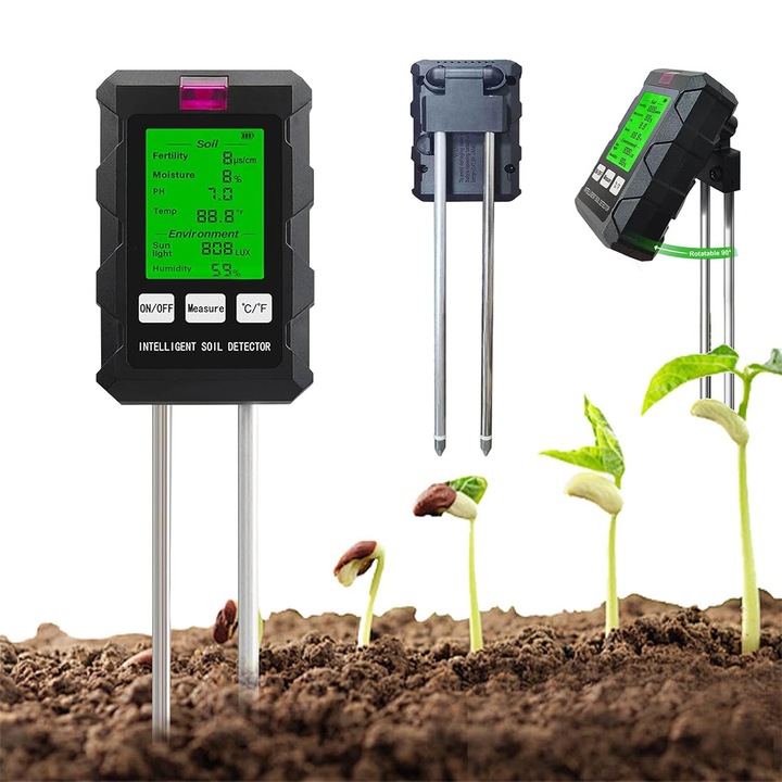Tester Inteligent 6-in-1 pentru Sol - Fertilitate, pH, Umiditate, Temperatura, Lumina si Umiditatea Mediului, YOUKUKE, Ideal pentru Agricultura si Gradina, cu display LCD, Negru