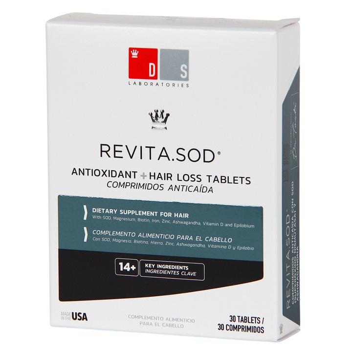Supliment Alimentar, DS Laboratories, Revita.SOD, Antioxidant + Hair Loss, Stimuleaza Cresterea Parului, cu Superoxid Dismutaza (SOD), Zinc si Ashwagandha, pentru Femei si Barbati, 30 tablete
