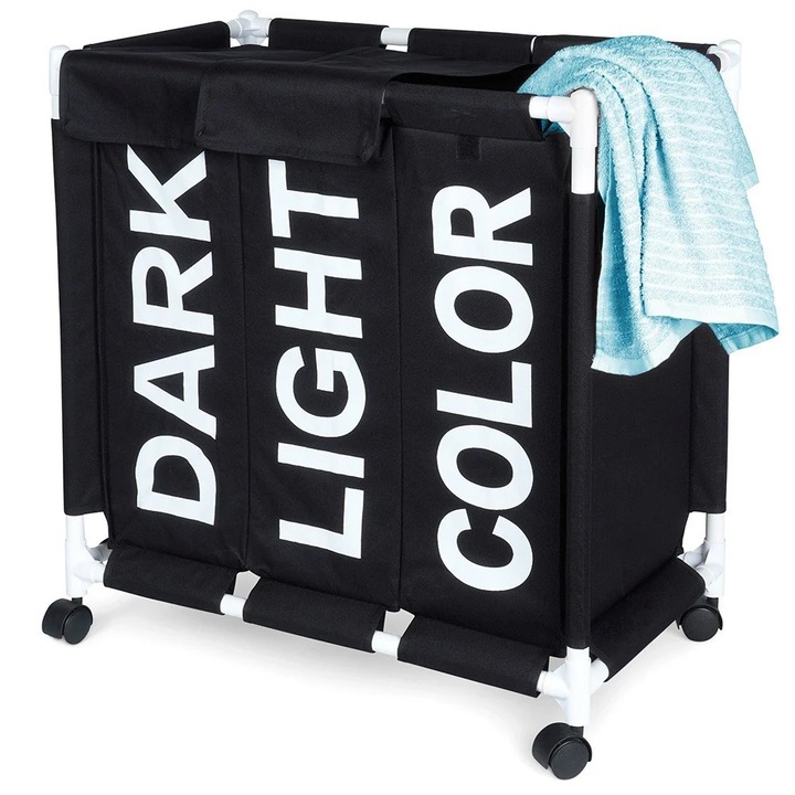 Кош за пране с колела B2X, 3 отделения, 137 литра, черен