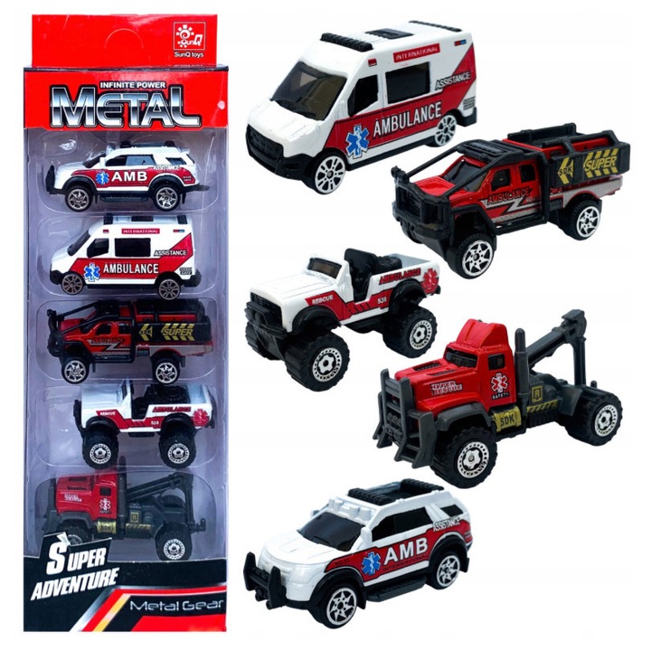 Set 5 Vehicule de Salvare Metalice și Plastice, Elicopter și Ambulanță, 29x10x4cm, For Fun