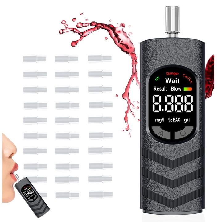 Etilotest profesional SHIJOOE®, cu 30 de piese bucale, senzor de inalta precizie, 3 unitati de masurare, afisaj digital LCD, analiza rapida, calibrare automata, detectare tigari false, usor de utilizat si portabil, negru