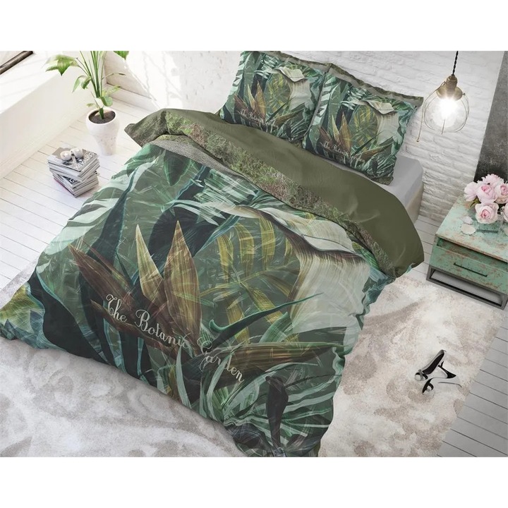 Sleeptime ágyneműgarnitúra, 1× paplanhuzat 200×200/220 cm, 2× párnahuzat 60×70 cm, 100% mikroszálas, hipoallergén, 90 GSM, Botanic Garden Green minta, digitális nyomtatás, zöld szín