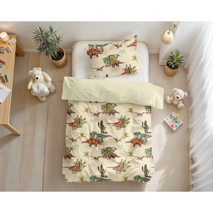 Lenjerie de pat Little Monster, 1x husa pilota 140x200/220, 1x fete de perna 60x70, Microfibra 100%, Hipoalergenica, 90 GSM, model Bamdino Green, imprimeu Print Digital, culoare Multicolor