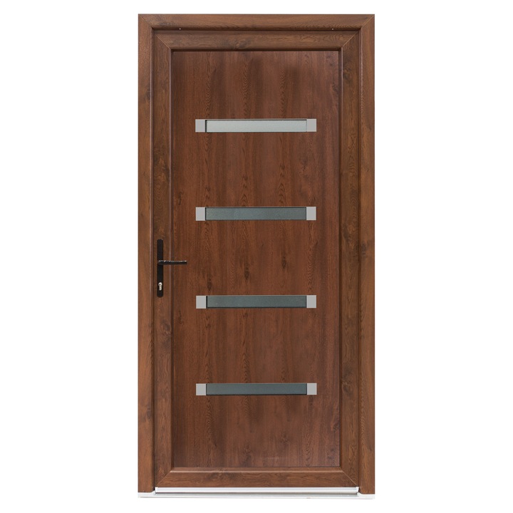 Usa exterior PVC MOSS, 980x2000 mm, deschidere stanga, alb interior-nuc exterior, maner spatial