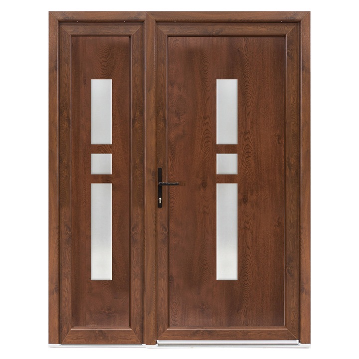 Usa exterior dubla PVC GISELA, 1400x2050 mm, deschidere stanga, alb interior-nuc exterior