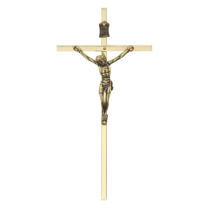 Crucifix zlat, MORELI, 13,5cm, din mosaz, cu imaginea lui Hristos din zinc, cu suport pentru perete