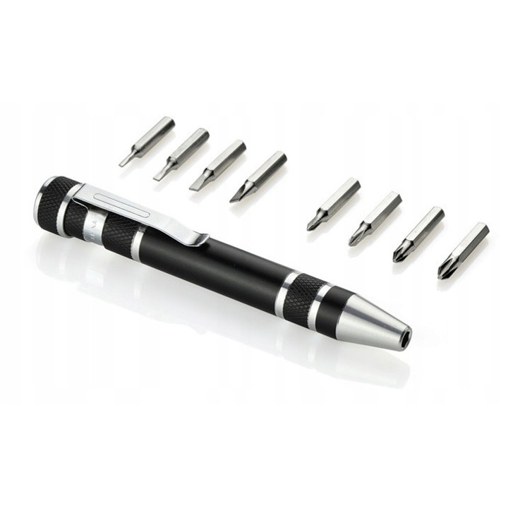 Химикалка с комплект отвертки, 8 сменяеми накрайника, черна, 15х109мм