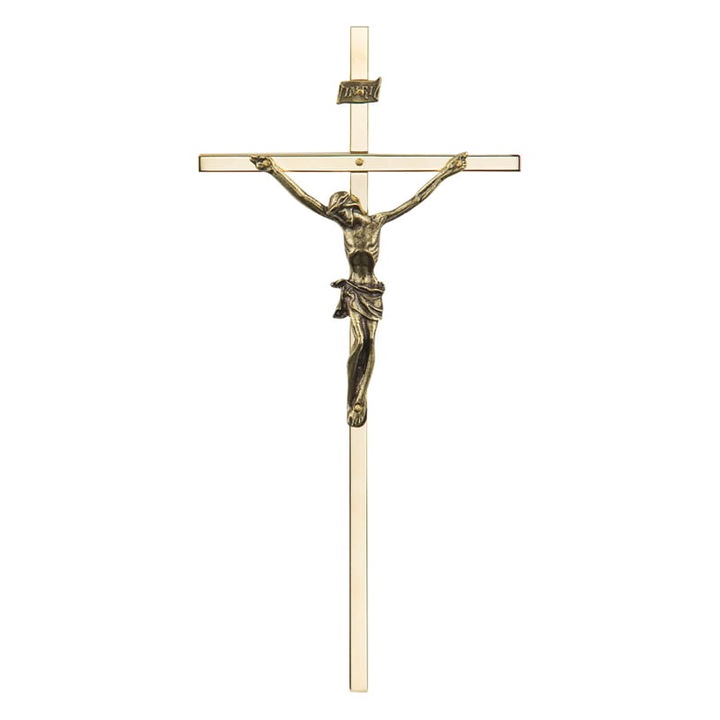 Crucifix suspendat, MORELI, aurie, 21 cm, din alama cu detalii din zinc