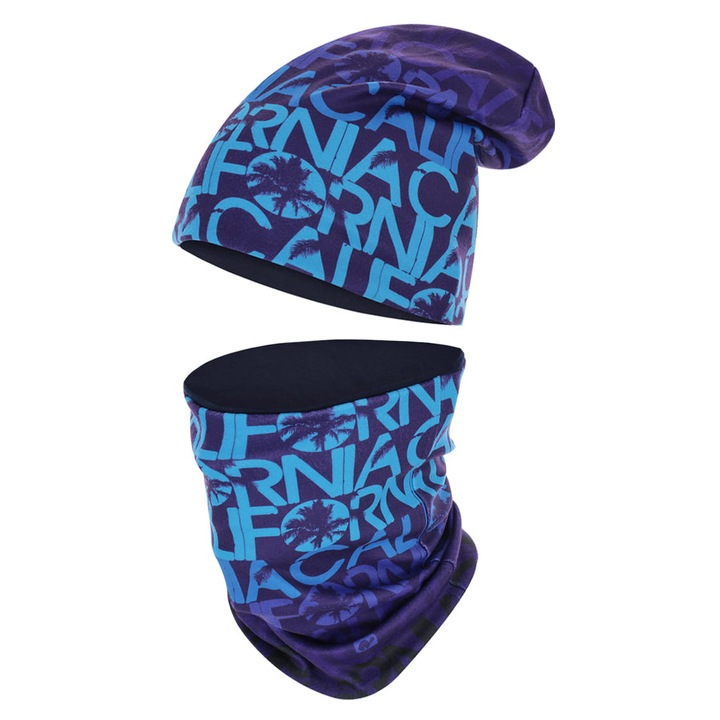 Set caciula si fular Malokee, polar, bumbac, calduros, albastru