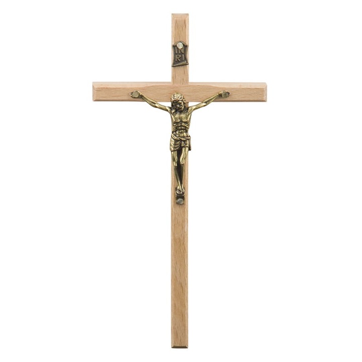 Crucifix din lemn QUO VADIS, 12,5 cm, culoare deschisa, cu imaginea lui Hristos din aliaj de zinc