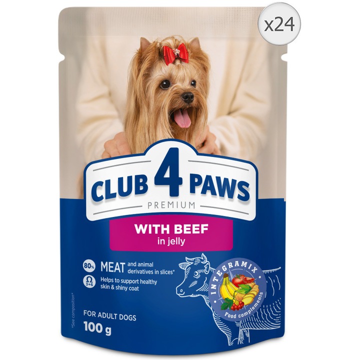 Hrana umeda completa Club 4 Paws Premium, pentru caini adulti, cu vita in jeleu, set 24x100g