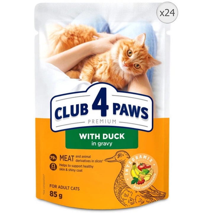 Hrana umeda completa Club 4 Paws Premium, pentru pisici adulte, cu rata in sos, set 24x85g