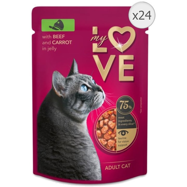 Hrana umeda My Love pentru pisici adulte, cu vita si morcov in jeleu, set 24x85g