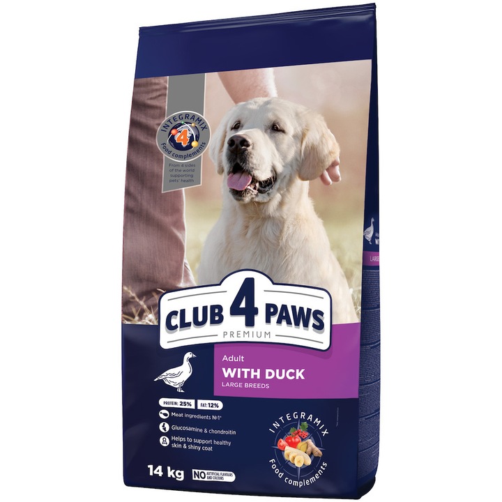 Суха храна Club 4 Paws Premium, За възрастни кучета от едри породи, С патешко, 14 кг