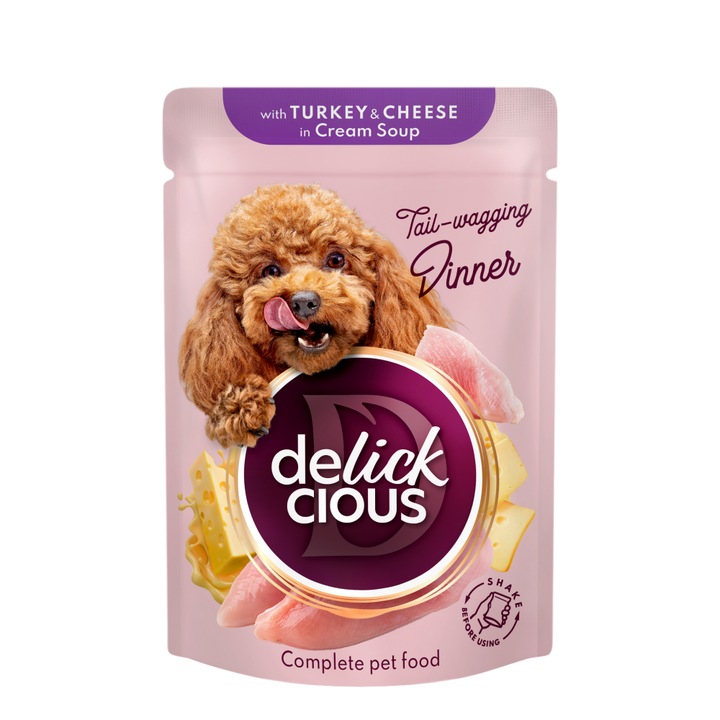 Stripsuri DELICKCIOUS, curcan si branza in supa crema, pentru caini adulti, 12x85g