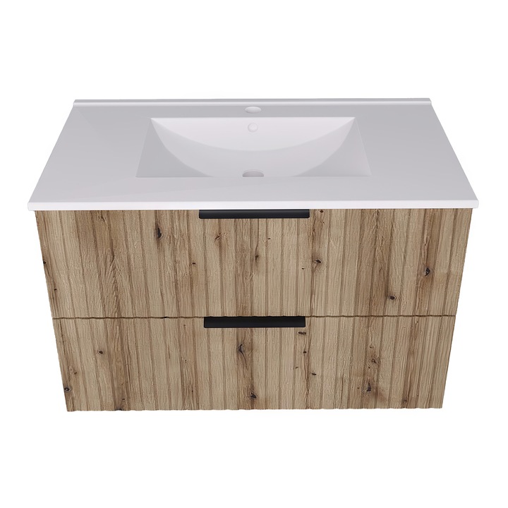 Set dulap baie cu lavoar, en.casa, Veppenssan, 81 x 46, 5 x 52 cm, pal, mdf, ceramica, metal, efect lemn stejar