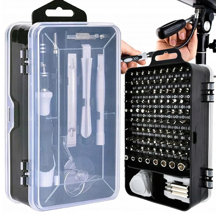 Комплект 118 в 1 Аксесоари и прецизни отвертки, за разглобяване/монтиране на малка електроника, магнитни накрайници, устойчива стомана, 16 x 5.3 x 9.5 см, черен