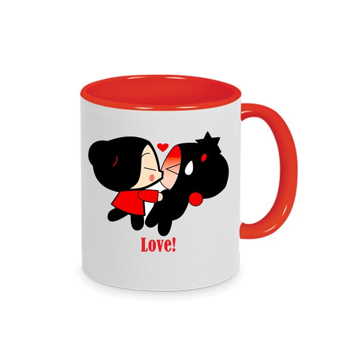 Cana ceramica Pucca, set cuplu Valentine's Day, 330ml, interior rosu