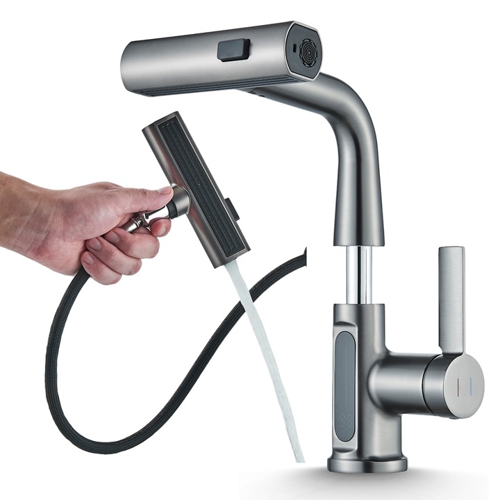 Baterie lavoar cu pipa extractibila Ari Atomic grafit antracit, 3 tipuri de jet, indicator temperatura