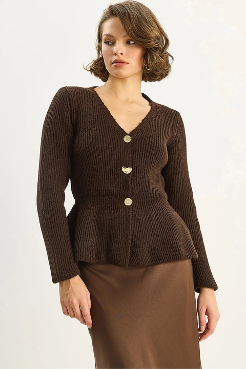 Cardigane, Bianco Lucci, Femei, Cardigan cu maneca lunga, decolteu in V si nasturi, cu nervuri LUCCI, Maro Mocha Inchis, S-M