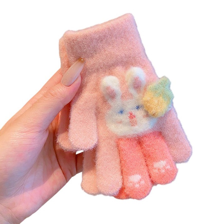 Manusi copii, model cu manseta elastica si iepuras, accesorizate cu o capsunica, tematica little bunny, unisex, marime 3 – 8 ani, roz, EFAYN