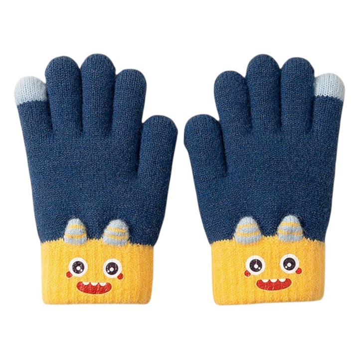 Manusi copii, model vesel, manseta accesorizata cu monstrulet, tematica happy little monster, baieti, marime 9 – 12 ani, albastru inchis, EFAYN